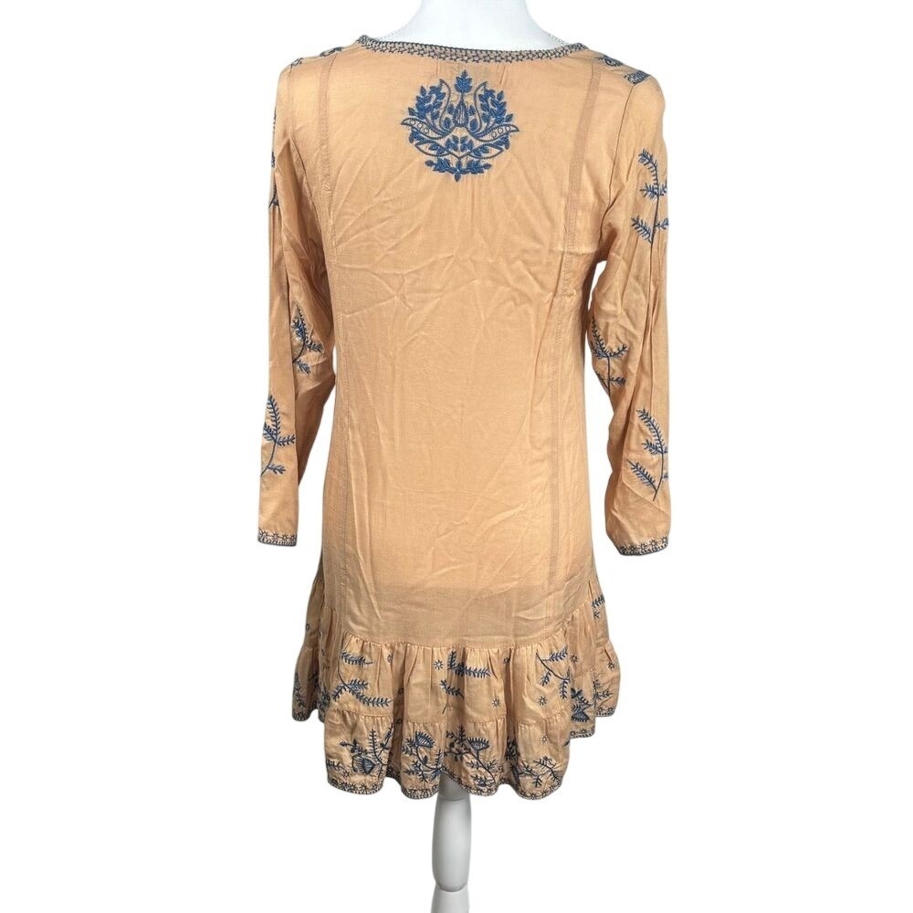 Bohemian Embroidered‎ Dress Sz M Natural Long Sleeve Flowy Relaxed Cottage BOHO - Picture 6 of 11